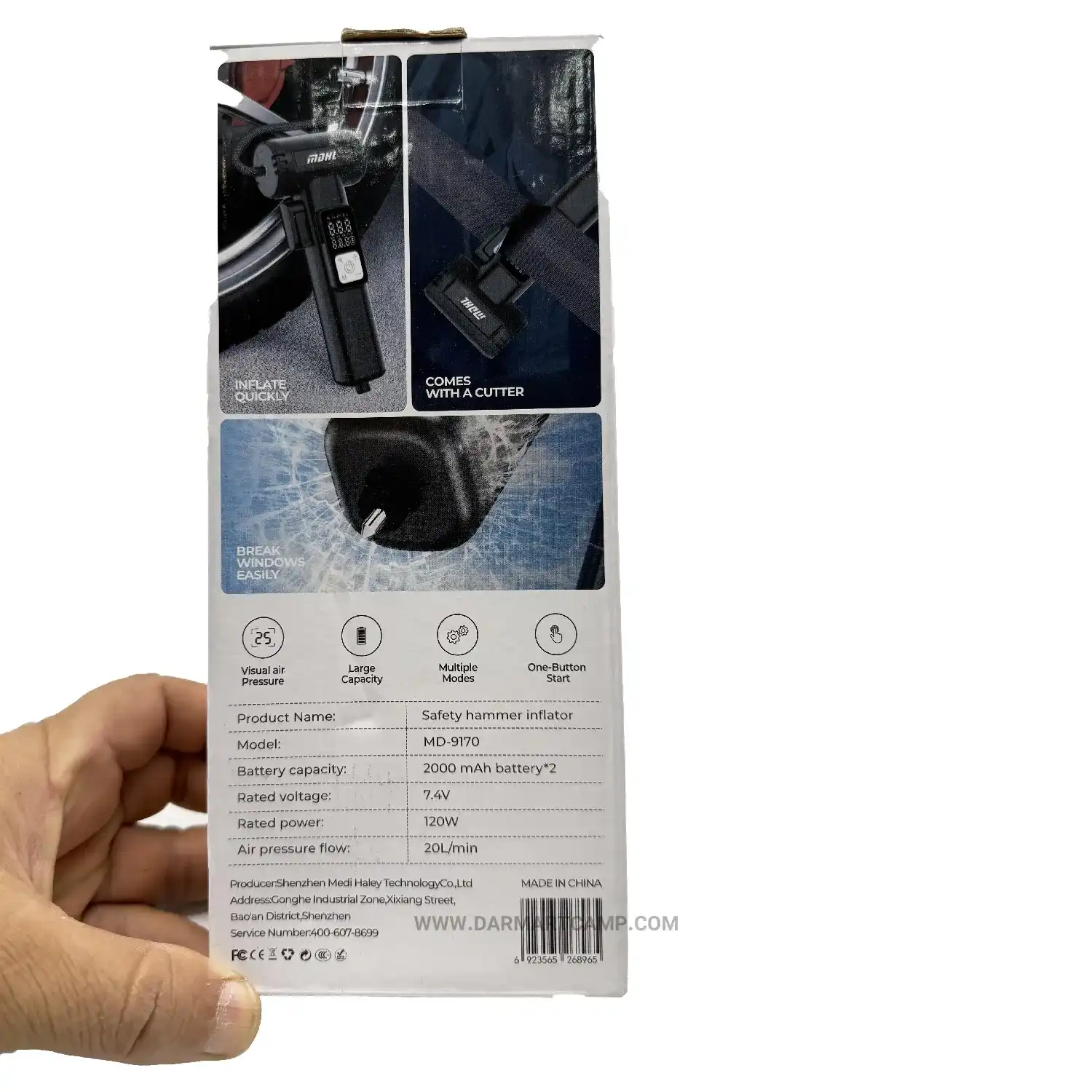 پمپ باد چندمنظوره MDHL MD-9170 Safety Hammer Inflator با چکش اضطراری، کاتر کمری، نمایشگر دیجیتال و پاوربانک 7 پمپ باد چندمنظوره MDHL MD-9170 Safety Hammer Inflator با چکش اضطراری، کاتر کمری، نمایشگر دیجیتال و پاوربانک