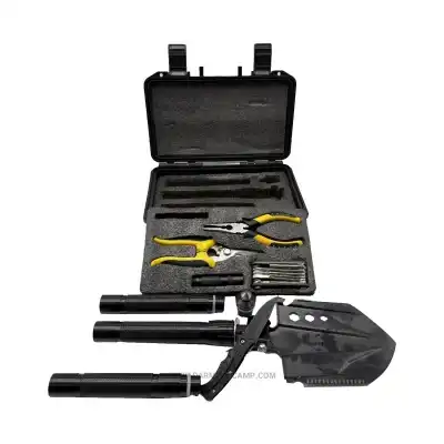 بیلچه چندکاره تاکتیکی مدل Survival Pro Kit به همراه چراغ‌قوه، چاقو ، ابزار دستی و کیف ضدضربه